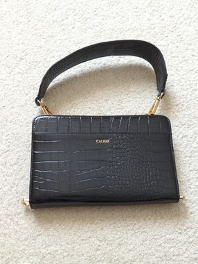 Calpak Black Croc-Embossed Wristlet with Gold Accents